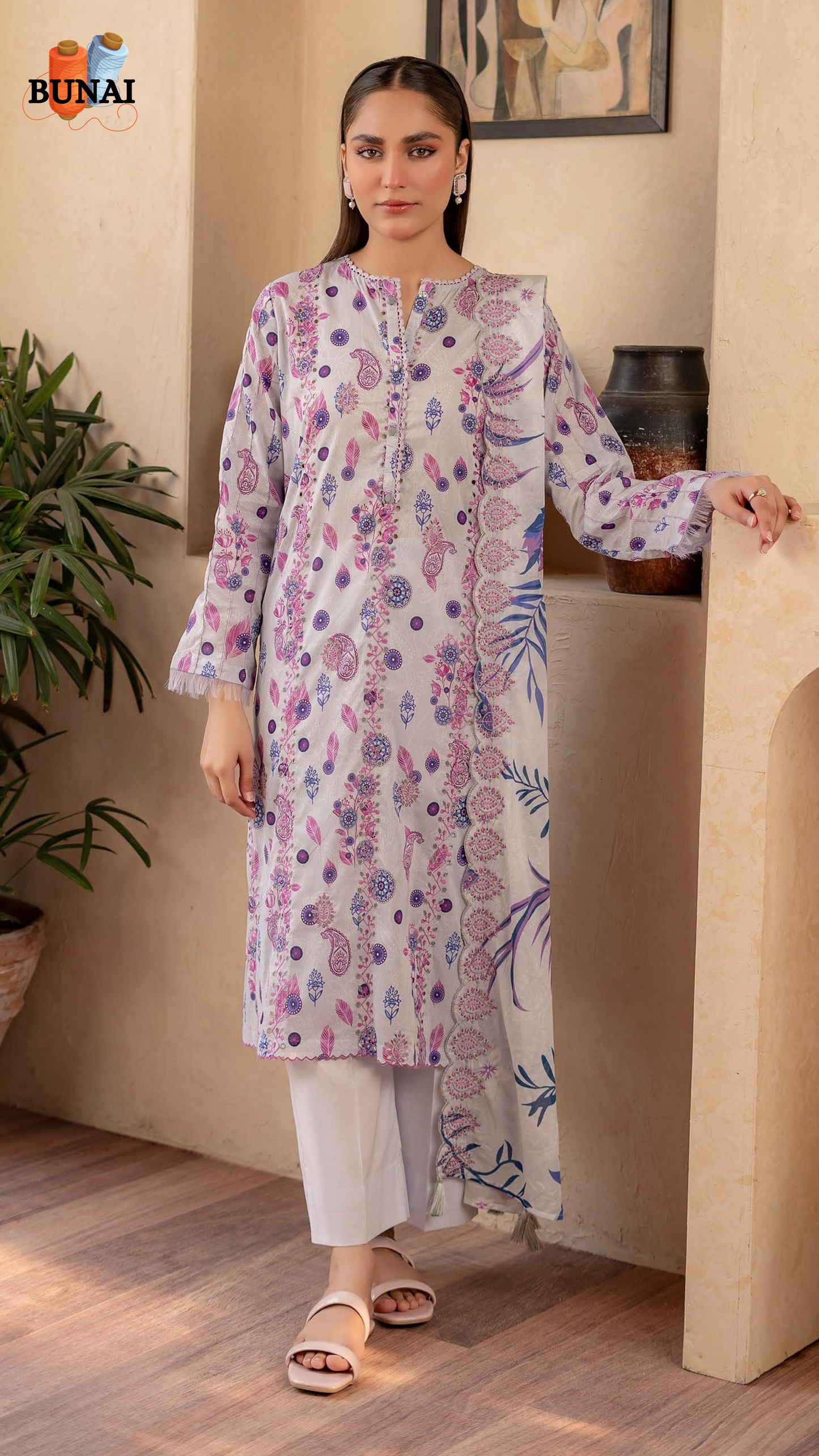3 Piece - Printed Embroidered Suit (Unstitched) - S19250011