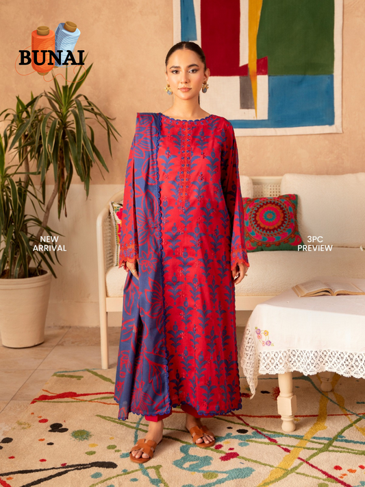 3 Piece - Printed Embroidered Suit (Unstitched) - S19250043
