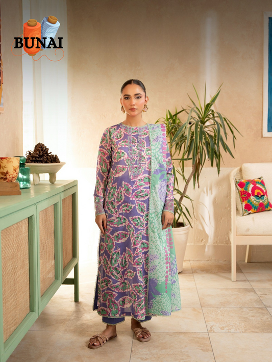 3 Piece - Printed Embroidered Suit (Unstitched) - S19250045