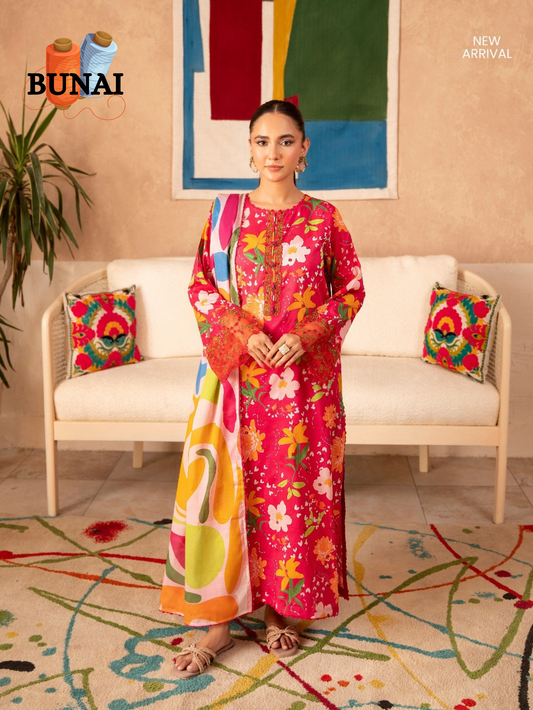 3 Piece - Printed Embroidered Suit (Unstitched) - S19250046